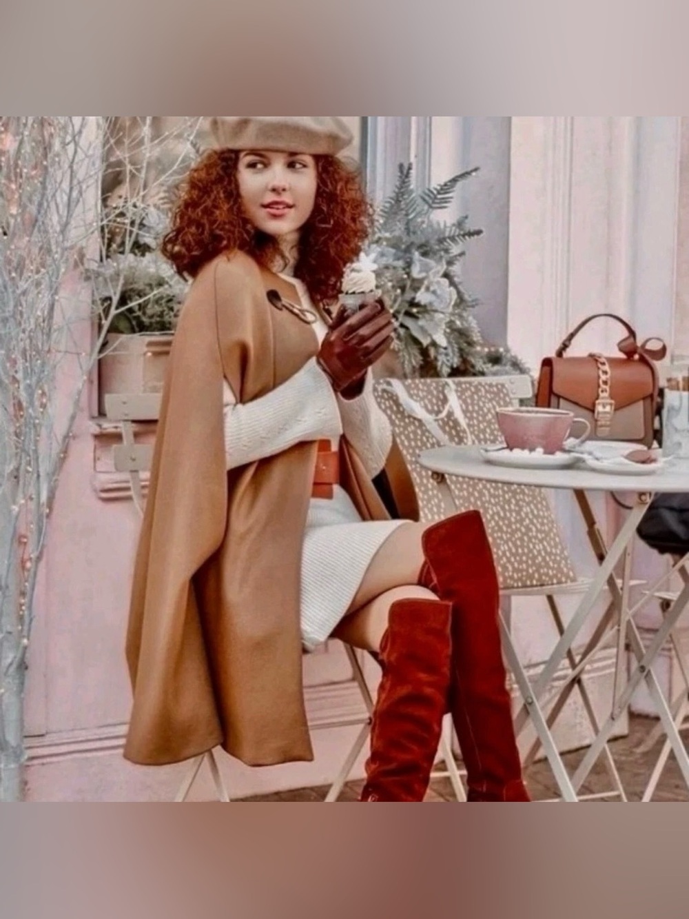 Camel Toggle Cape with Leather Trim